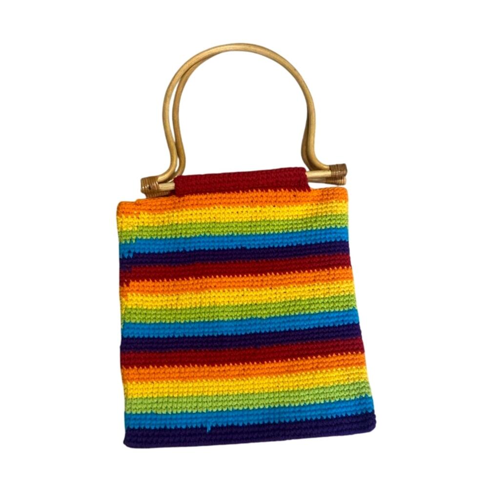 Vintage Handmade Crochet Rainbow Striped Tote Bag Wood Bamboo Top Handles Retro